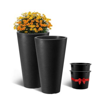 Set of 2 Tall Black Conical Outdoor Flower Pots, 24 Inch, with Drainage