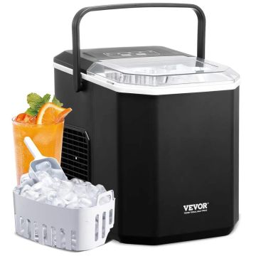 Portable ice maker with ice scoop and basket, 9 cubes in 6 minutes.