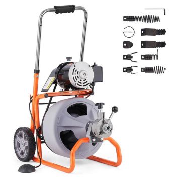 Portable drain cleaning machine with 75ft 3/8" snake pipes and 8 cutting tools