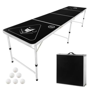 8ft Portable Beer Ping Pong Table, Foldable, Black, with Handles and Balls