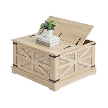 Stolik kawowy prostokątny z rattanu z blatem z płyty MDF, 32 cale, metalowe zawiasy w stylu retro
