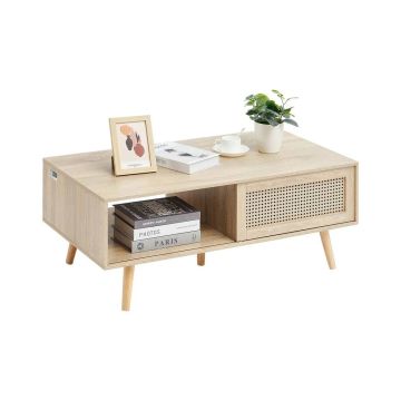 Stolik kawowy z rattanu, prostokątny, drewniany, 42 cale, dwuwarstwowy, w stylu boho