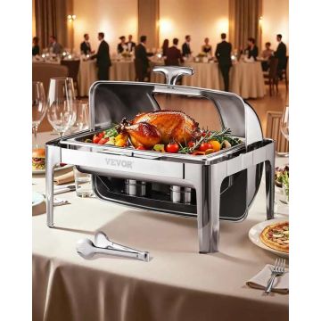 Rectangular stainless steel food warmer with 9 L water pan and foldable stand, silver