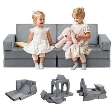Sofa dziecięca modułowa, 14 elementów, szara, rozkładana, z podłokietnikami