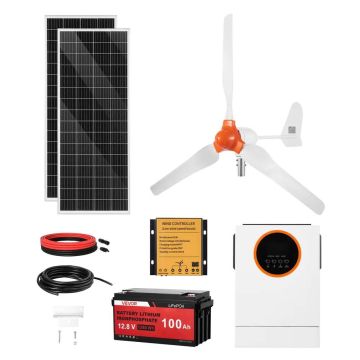 Solar and wind power kit 12 V, 600 W, with monocrystalline panels and lithium battery