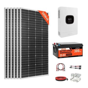 1200W 24V solar kit with 6x 200W monocrystalline batteries, 300ah lifepo₄ battery and 3600W hybrid inverter