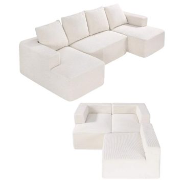 Modułowa sofa narożna w kształcie litery U z szezlongiem, welur beżowy