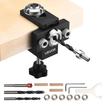 Self-centering dowel drilling device with 3 drill sizes, aluminum, for woodworking