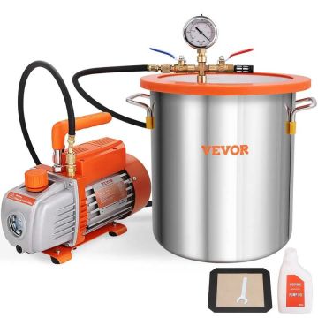 18.9 L vacuum chamber with 3.5 CFM single-stage pump and tempered glass lid, kit for wood stabilization, silicones and epoxy degassing
