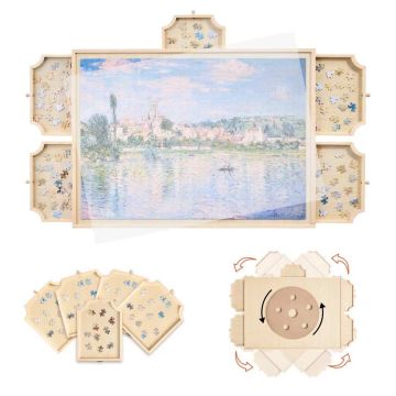 Drewniany obrotowy stolik do układania puzzli 74x53 cm z szufladami i pokrywką
