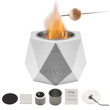 Tabletop concrete fire pit bowl with fire extinguisher, light gray