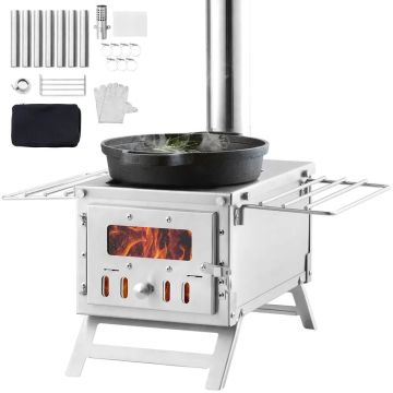 Portable stainless steel camping wood stove, 203 cm, with chimney