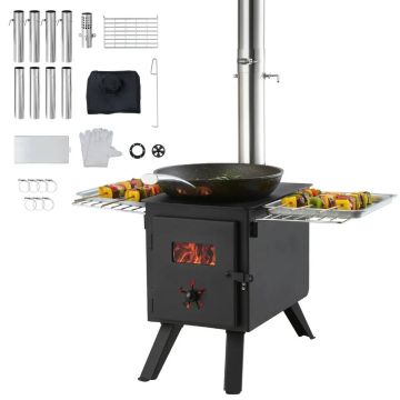Wood-burning camping stove, alloy steel, 218 cm, portable, with chimney pipes
