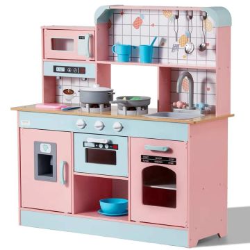 Wooden toy kitchen for children with sounds and lights, pink