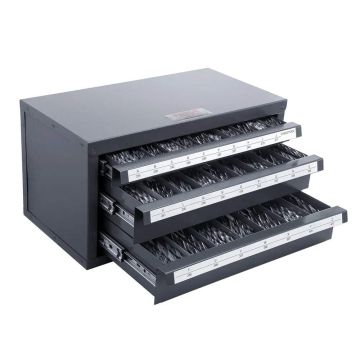 Steel drill bit dispenser cabinet with 3 drawers and labels