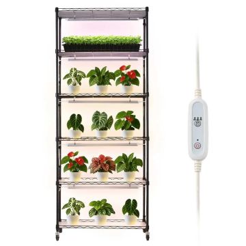 Plant shelf with grow light, 6 tiers for indoor plants, 180 cm high, with wheels and timer