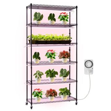 6-tier metal plant shelf with 150W full spectrum lamp, 180 cm, with wheels and timer