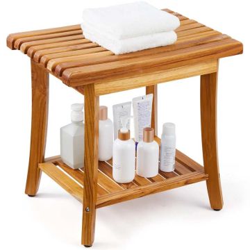 Teak shower bench, 20x14.3x17.9 inches, wooden chair with storage compartment