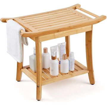 Bamboo Shower Bench with Shelf and Handle, 24x13.8x18.9 inches, Waterproof, 300 lb Load Capacity