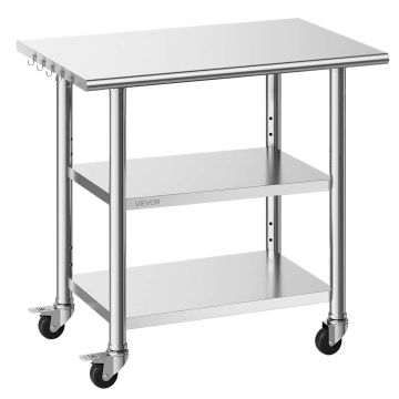 VEVOR stainless steel work table 61x91.5 cm with 2 shelves and casters