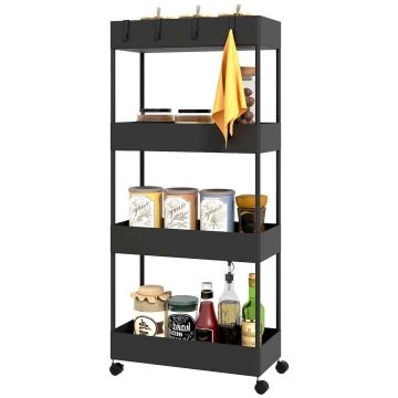 Trolley on wheels Aosom, 4 shelves, 4 hooks, Black, 40 × 90 × 19 cm