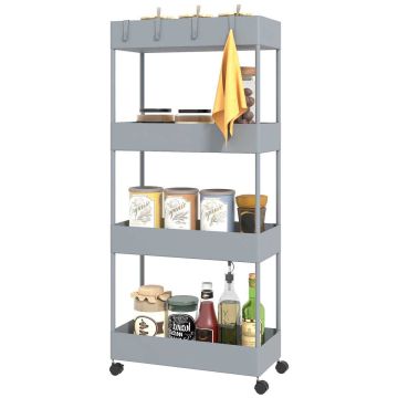 Trolley on wheels Aosom, 4 shelves, 4 hooks, Grey, 40 × 90 × 19 cm