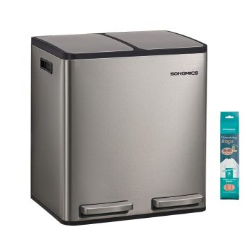 SONGMICS LTB130EZ01 Kitchen Trash Can, 2 × 15 l, with pedal, Silver, 41.8 × 35.3 × 45.5 cm