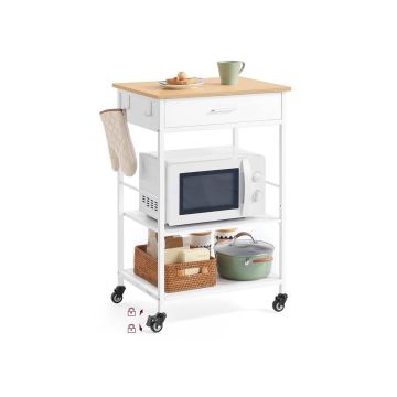 VASAGLE kitchen trolley, 1 drawer, 2 hooks, Oak and white, 60 × 90 × 47 cm