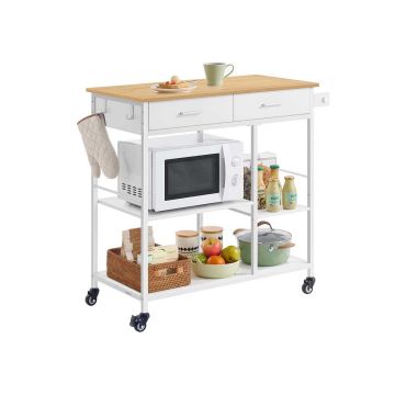 VASAGLE kitchen trolley, with drawers, 2 hooks, Oak and white, 98.7 × 90 × 45 cm