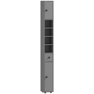 Bathroom cabinet, 2 cabinets, drawer and 4 shelves, Grey, 20 × 180 × 20 cm