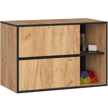 Szafka łazienkowa pod umywalkę AKORD VAMI W90, 2 szuflady i 2 otwarte półki, brązowo-czarna, 90 × 60 × 45,5 cm