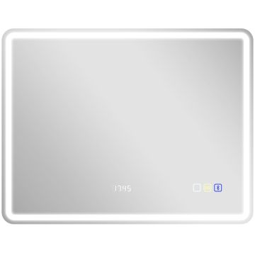 Lustro łazienkowe, LED, Bluetooth, zegar, srebrne, 70 × 90 × 3,5 cm