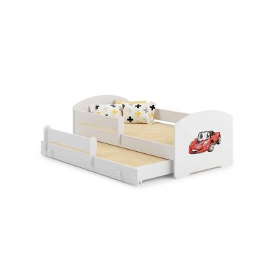 Children's double bed Luk with mattress and safety barrier 164x85x63 / 145x80x15cm, sports car