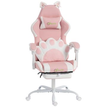 Fotel gamingowy z motywem kotka, z poduszką lędźwiową i podnóżkiem, 63,5 × 118–128 × 53 cm