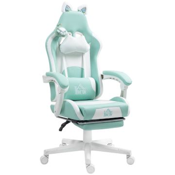 Gaming chair, With cat ears and extendable footrest, White and blue, 65 × 116–124 × 62 cm