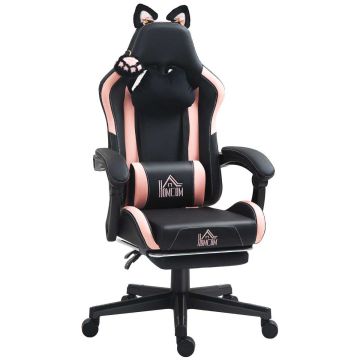 Gaming chair, with cat ears, Pink/black, 65 × 116–124 × 62 cm