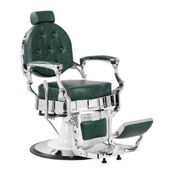Green barber chair Gabbiano President with hydraulic lift, adjustable leg and headrest