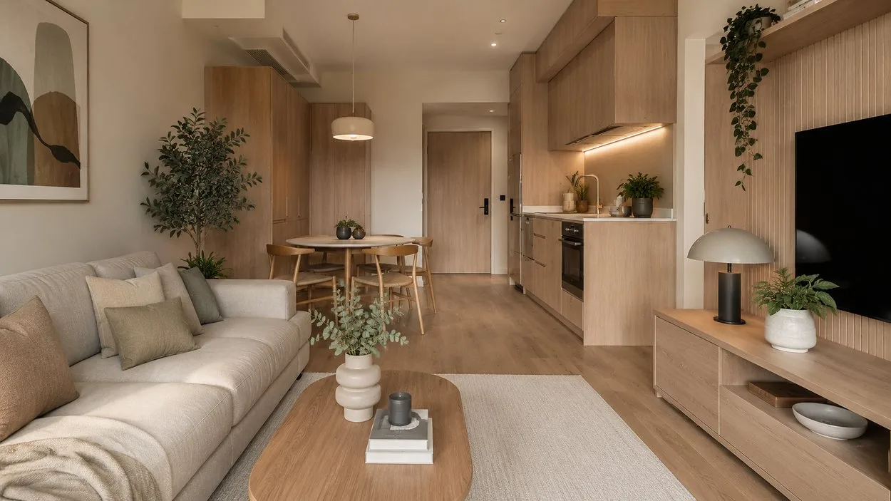 Modern apartment interior with a sofa, coffee table and living-room furniture