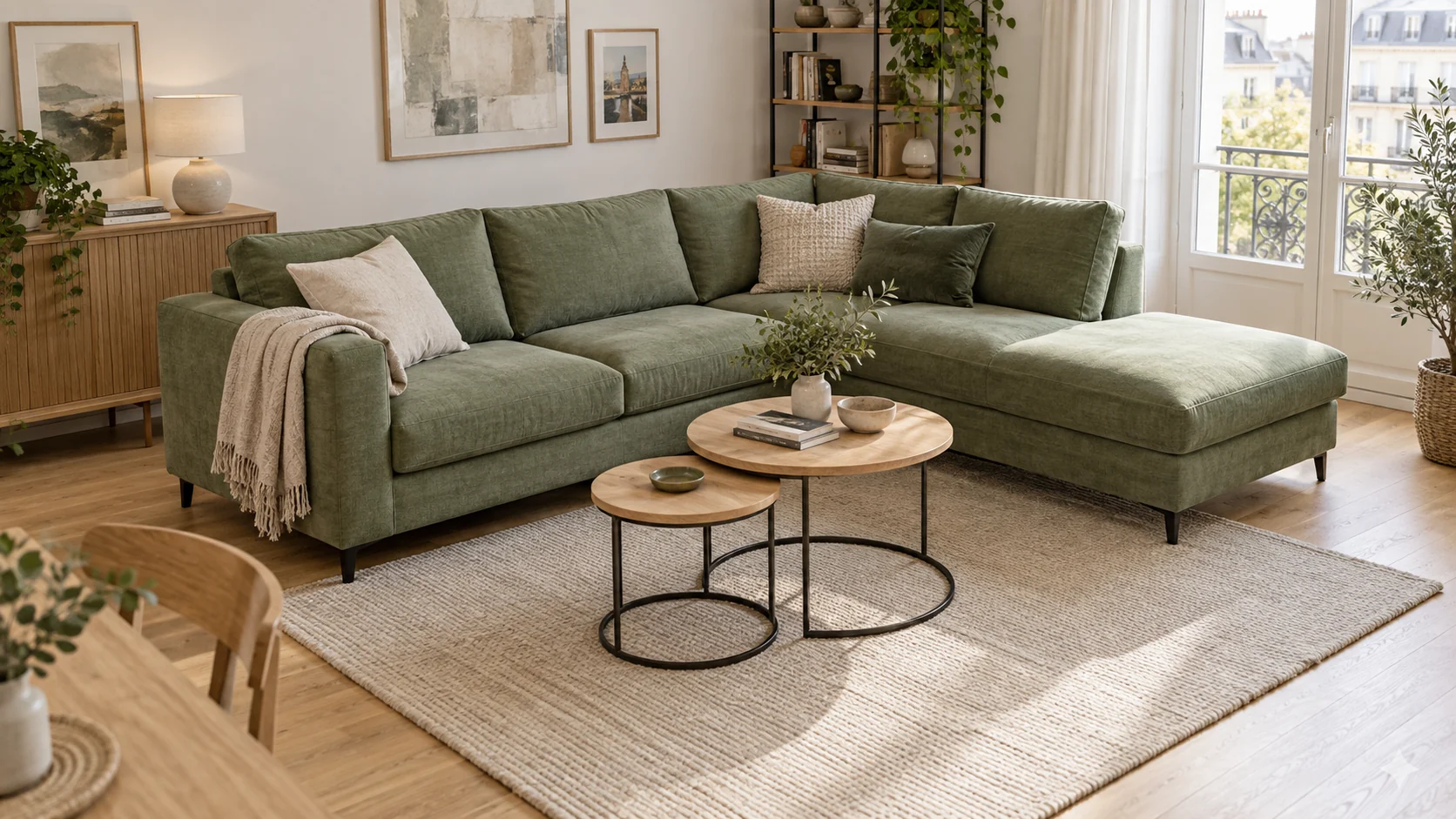Two round coffee tables beside an L-shaped sofa with a clear walking route
