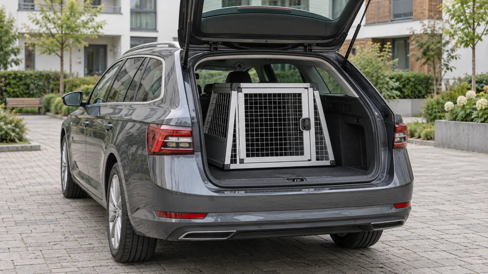 Aluminiowy transporter w bagażniku samochodu kombi