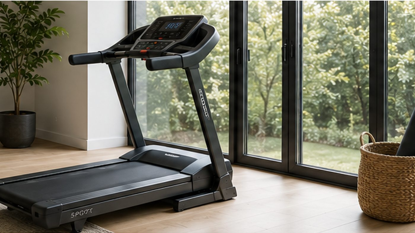 Modern electric treadmill beside large windows in a home interior