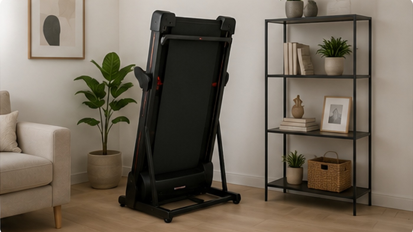 Foldable treadmill for compact storage at home