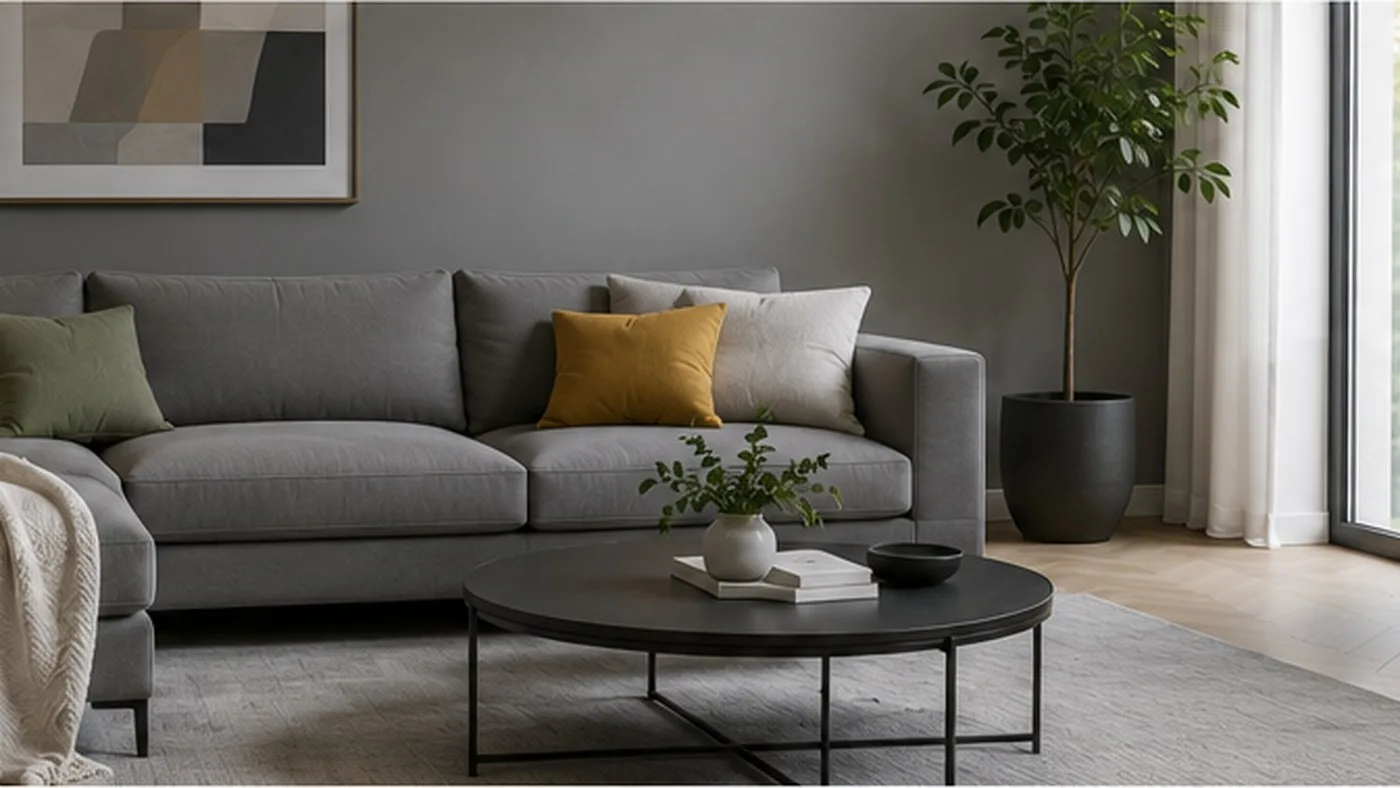 Grey living room with warm yellow, green and neutral accents