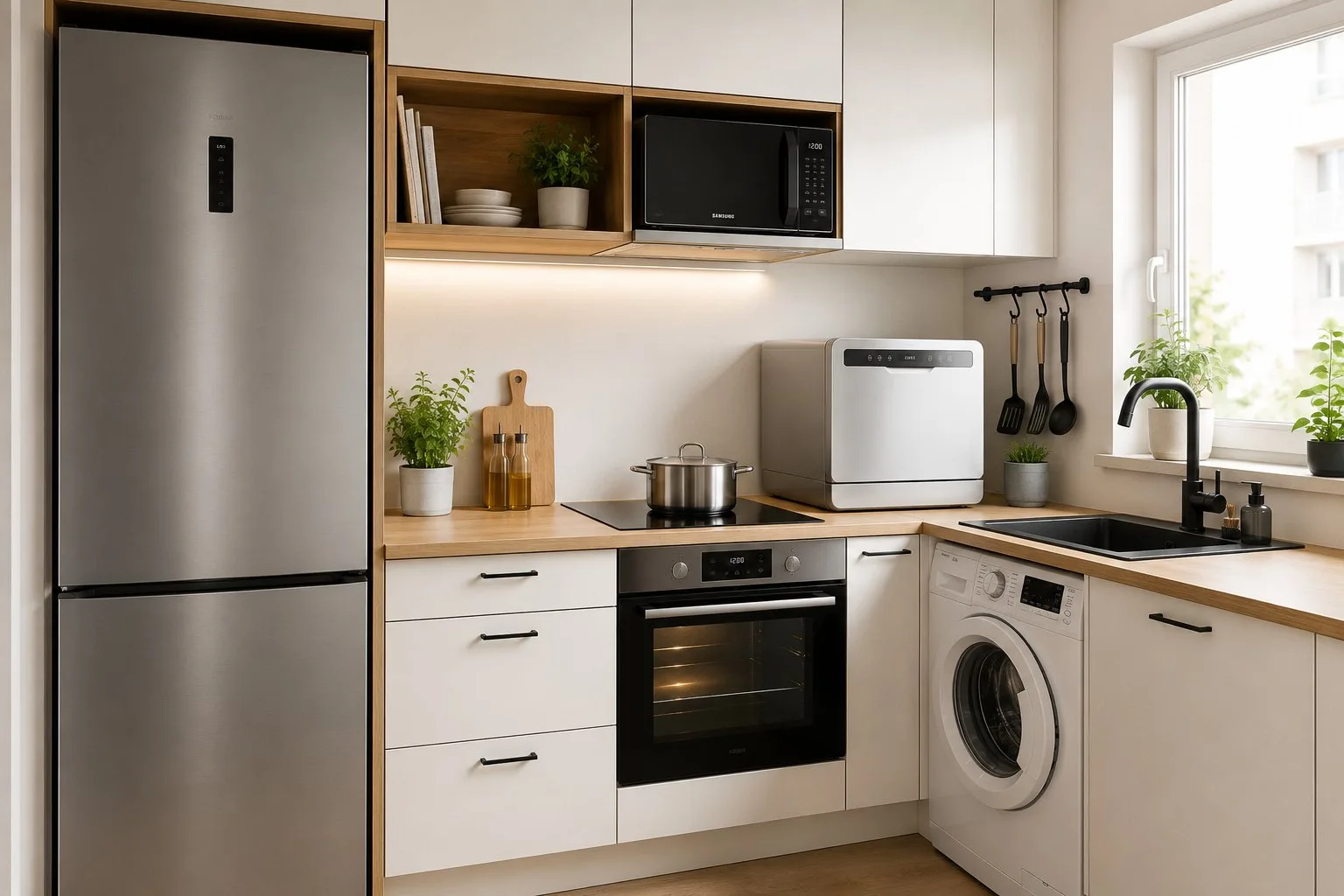 Compact appliances in a small modern kitchen