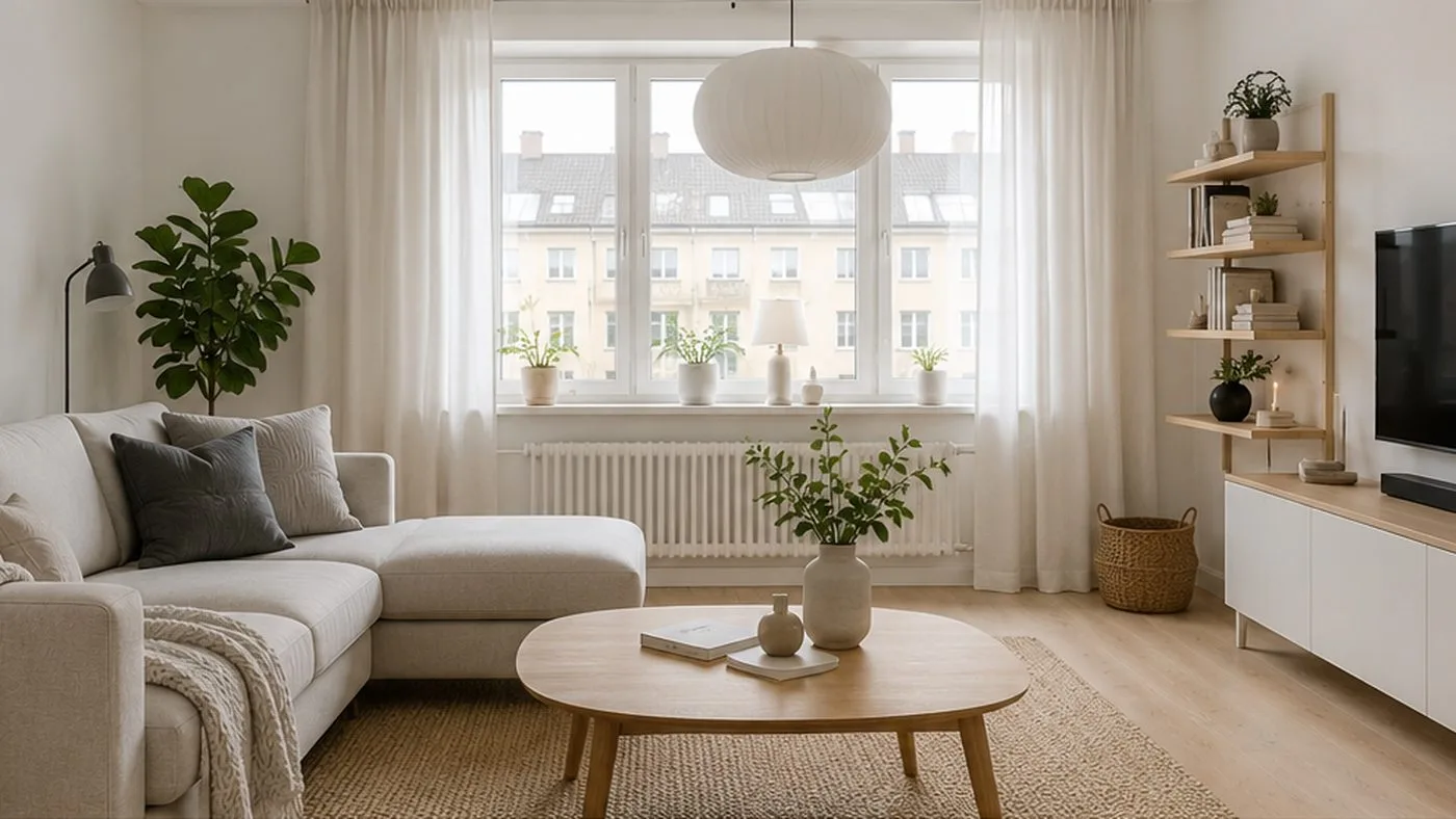 Bright Scandinavian living room with natural wood furniture and neutral textiles